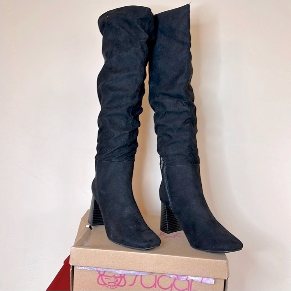 NEW Sugar Womens Emerson Faux Suede Slouchy Knee-High Boots Black 7.5